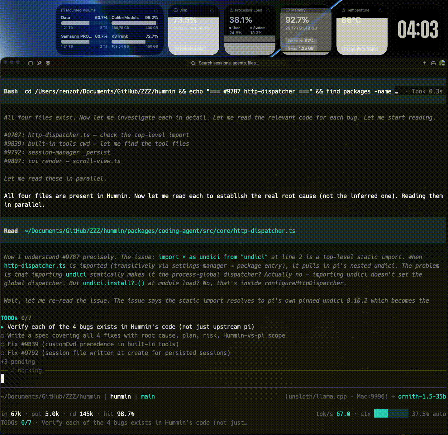 hummin running Ornith 1.5 35B locally at 31 tok/s